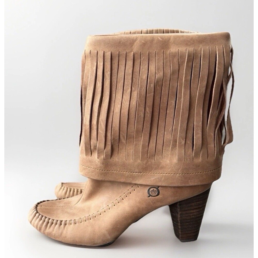 Born 7 Boots Banbury Suede Fringe Moc Booties Tan Wooden Heel EU 38 Womens